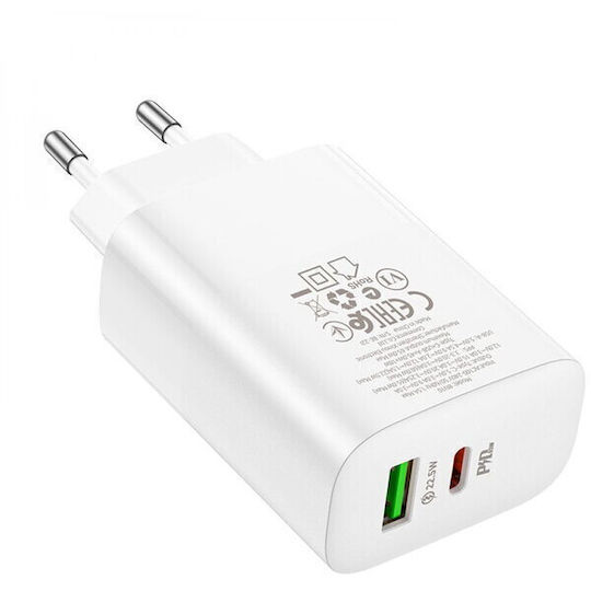 Borofone Charger Without Cable with USB-A Port and USB-C Port 65W Power Delivery Whites (BN10)