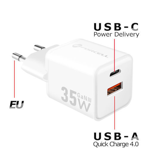 Forcell Charger Without Cable GaN with USB-A Port and USB-C Port 35W Power Delivery / Quick Charge 4.0 Whites (F-Energy Mini VT-35C)