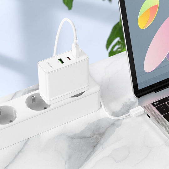 Borofone Wall Adapter with USB-A port and 2 USB-C ports 100W Power Delivery / Quick Charge 3.0 in White Colour (BN11 Imperial)