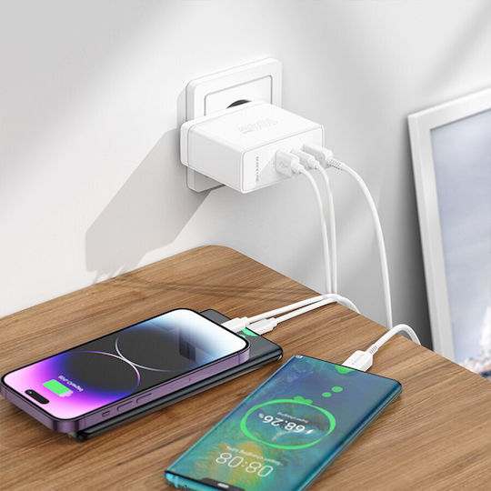 Borofone Wall Adapter with USB-A port and 2 USB-C ports 100W Power Delivery / Quick Charge 3.0 in White Colour (BN11 Imperial)