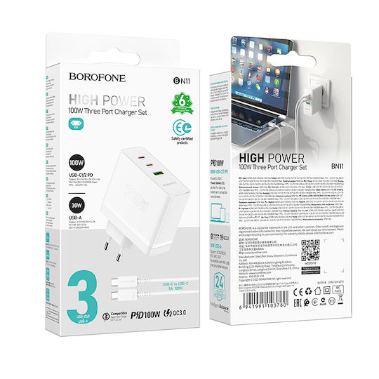 Borofone Charger with USB-A port and 2 USB-C ports and USB-C - USB-C Cable 100W Power Delivery / Quick Charge 3.0 in White Colour (BN11 Imperial)