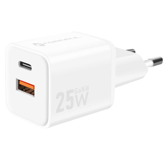 Forcell Charger Without Cable GaN with USB-A Port and USB-C Port 25W Power Delivery / Quick Charge 4.0 Whites (F-Energy Mini VT-25B)
