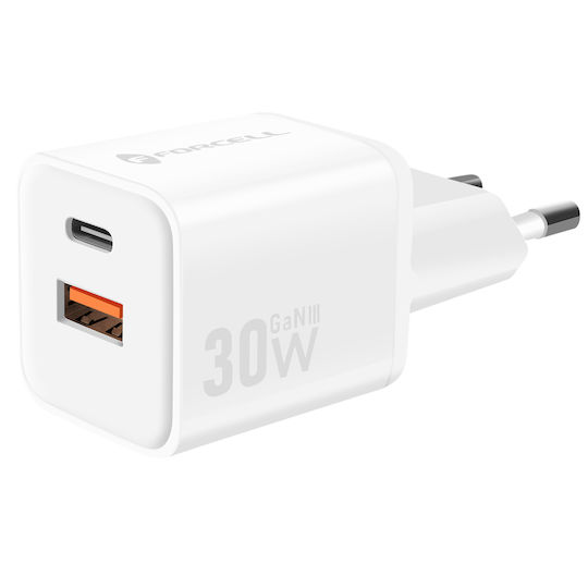 Forcell Charger Without Cable GaN with USB-A Port and USB-C Port 30W Power Delivery / Quick Charge 4.0 Whites (F-Energy Mini VT-35)
