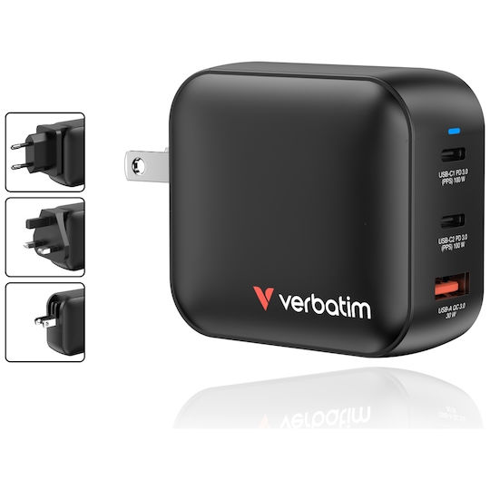 Verbatim Φορτιστής Χωρίς Καλώδιο GaN με Θύρα USB-A και 2 Θύρες USB-C 100W Power Delivery / Quick Charge 3.0 Μαύρος (Mini)