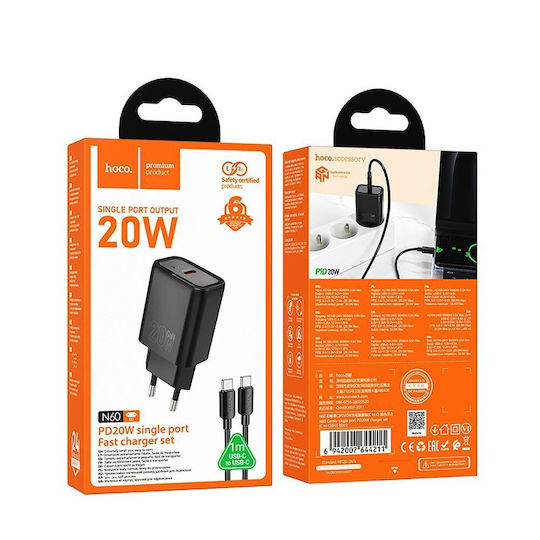 Hoco Φορτιστής με Θύρα USB-C και Καλώδιο USB-C - Lightning 20W Power Delivery / Quick Charge 3.0 Μαύρος (N60)