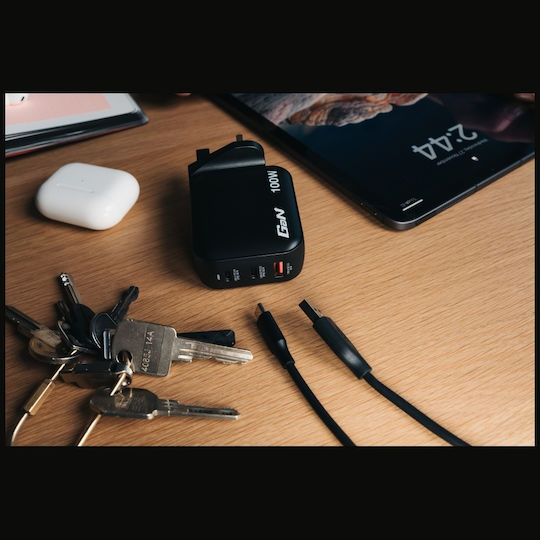 Verbatim Φορτιστής Χωρίς Καλώδιο GaN με Θύρα USB-A και 2 Θύρες USB-C 100W Power Delivery / Quick Charge 3.0 Μαύρος (Mini)
