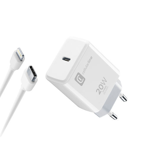 Cellular Line Cellular Line Handyladegerät mit USB-C Ausgangsanschlüsse und Kabel USB-C - Lightning 20W Weiß
