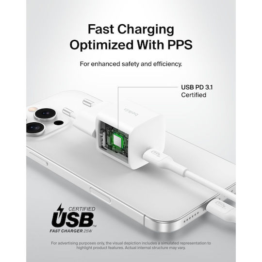 Belkin Φορτιστής Χωρίς Καλώδιο με Θύρα USB-C 25W Power Delivery Λευκός (BoostCharge)