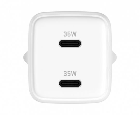 Yenkee Зарядно с вграден кабел GaN с 2 USB-C порта Power Delivery / Quick Charge 3.0 Бял (YAC G35D)