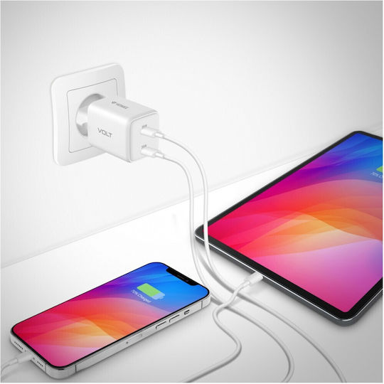 Yenkee Зарядно с вграден кабел GaN с 2 USB-C порта Power Delivery / Quick Charge 3.0 Бял (YAC G35D)