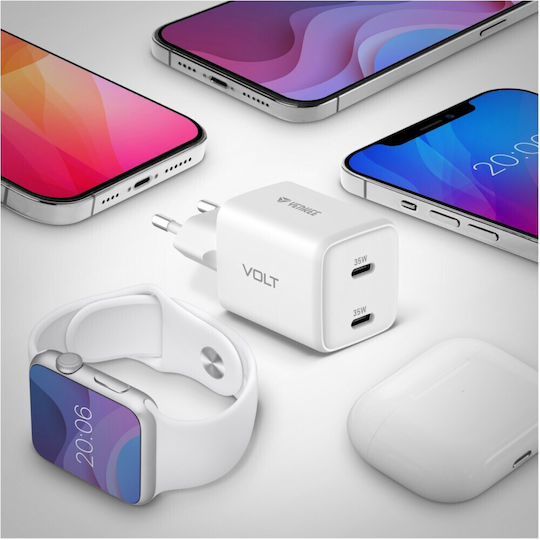 Yenkee Зарядно с вграден кабел GaN с 2 USB-C порта Power Delivery / Quick Charge 3.0 Бял (YAC G35D)