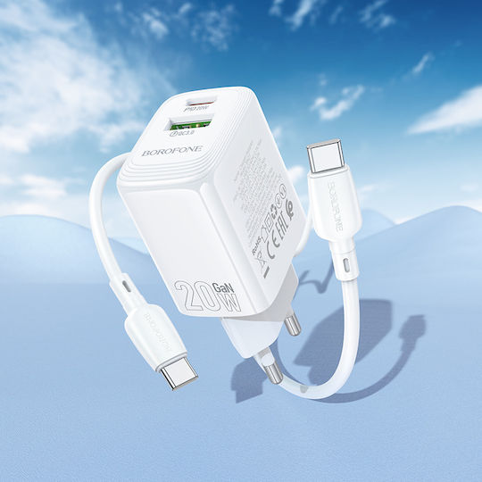 Borofone Charger with USB-A Port and USB-C Port and Cable USB-C - USB-C 20W Power Delivery / Quick Charge 3.0 Whites (BN27)
