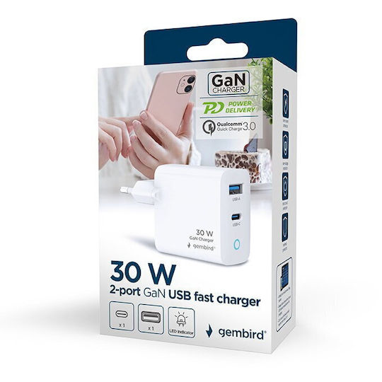 Gembird Зарядно без кабел GaN с USB-A порт и USB-C порт 30W Power Delivery / Quick Charge 3.0 Бял (TA-UC-PDQC30L-W-01)