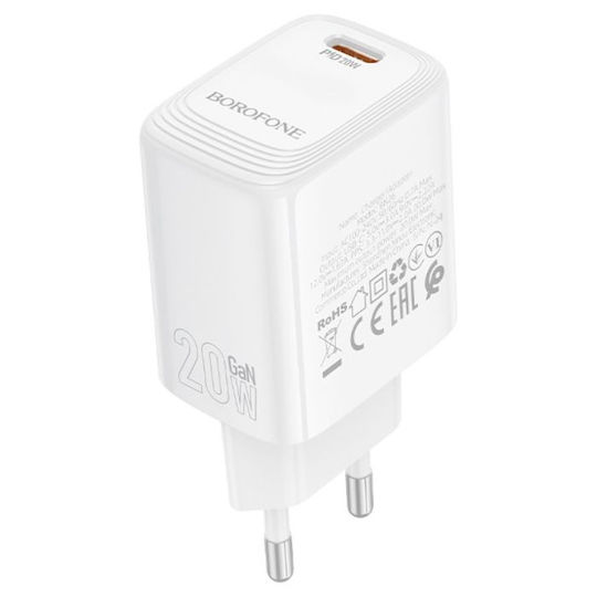 Borofone Charger Without Cable with USB-A Port and USB-C Port 20W Power Delivery / Quick Charge 3.0 Whites (BN27)