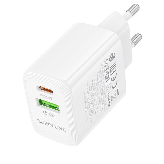 Borofone Charger Without Cable with USB-A Port and USB-C Port 20W Power Delivery / Quick Charge 3.0 Whites (BN27)