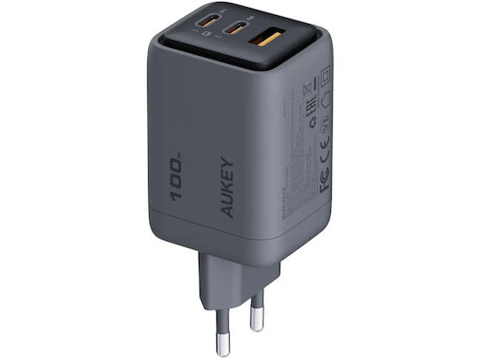 Aukey Charger Without Cable with USB-A Port and 2 USB-C Ports 100W Power Delivery / Quick Charge 5.0 Gray (PA-C5)