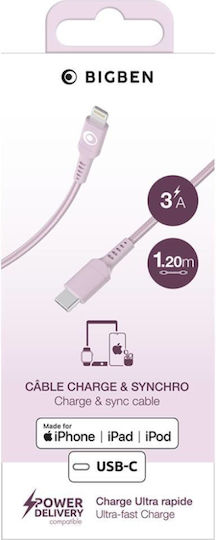 Bigben Connected USB-C/Lightning 3A Power Delivery 60W 1.2m Заряден Кабел Розов