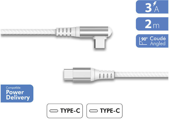 Force Power Usb-c To Usb-c 60w 3a Angled Reinforced Charge Sync Cable 2m White