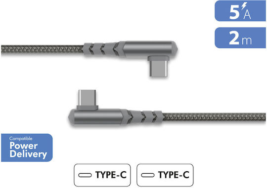 Force Power Usb-c To Usb-c 60w 3a Ultra-renforced Angled Charging Synchronization Cable 2m Grey