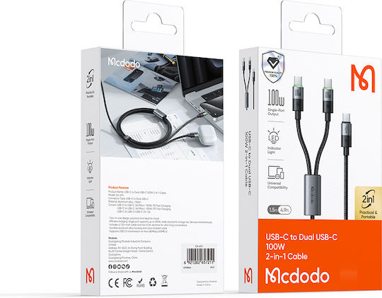 Mcdodo Usb-C 2in1 Fast Charging Cable Iphone Macbook Led 100W 2m
