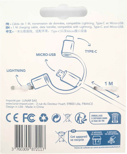 Yello Koko Kami Flat Cable 3 A Usb To Microusb Usb-c Lightning 1m Fastcharge White