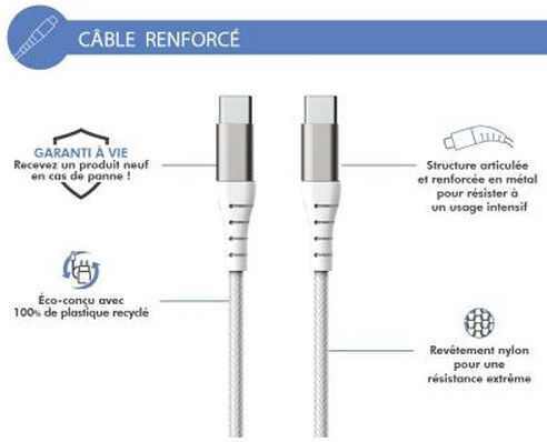 Force Power Verstärktes Usb C Usb C 3a 60w 12.000 Biegsamkeitsresistentes Kabel 1,2m Weiß