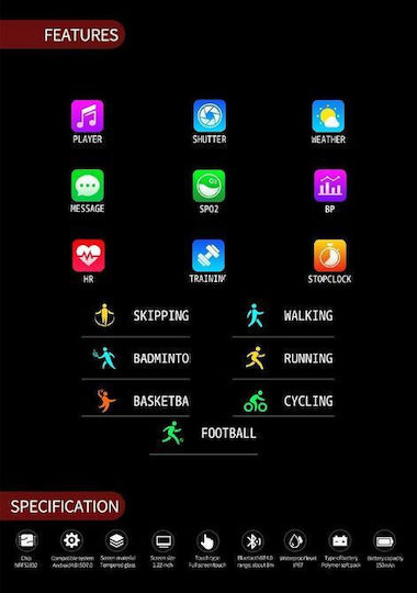 Brățară Fitness Smartwatch Ecran Complet 68 Brățară din Silicon Monitorizare Ritm Cardiac Monitorizare Somn Tensiune Arterială Notificări Apeluri Fb Sms Rezistent la Apă Ip67 Ecran Tactil Complet 1.23 Negru