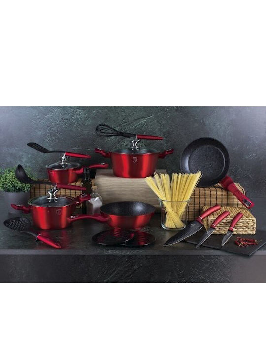 Berlinger Haus Metallic Line Cookware Set of Aluminum with Stone Coating Burgundy Collection 17pcs