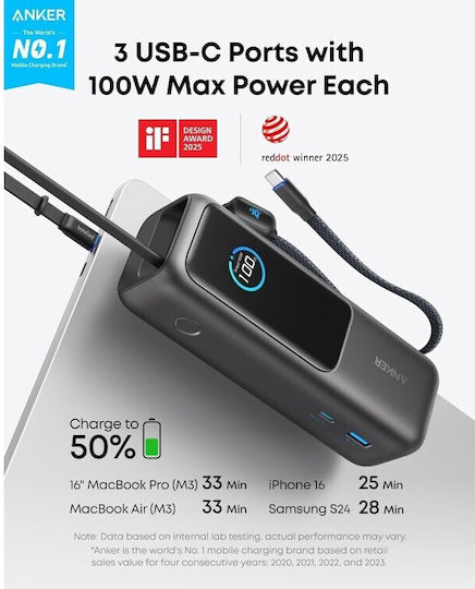 Anker A1695H11 Power Bank 25000mAh 165W με Θύρα USB-A και 2 Θύρες USB-C Power Delivery Γκρι