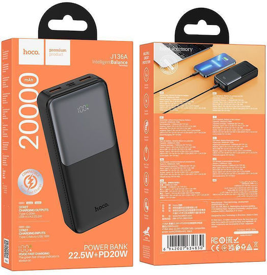 Hoco J136A Power Bank 20000mAh 22.5W with 2 USB-A Output Ports and USB-C Power Delivery / Quick Charge 3.0 Black