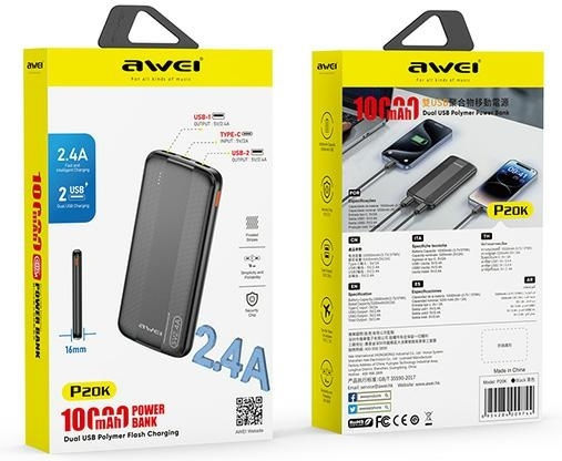 Awei P20K Power Bank 10000mAh cu 2 Porturi USB-A Negru