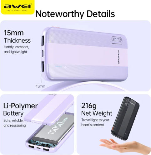 Awei P20K Power Bank 10000mAh cu 2 Porturi USB-A Negru