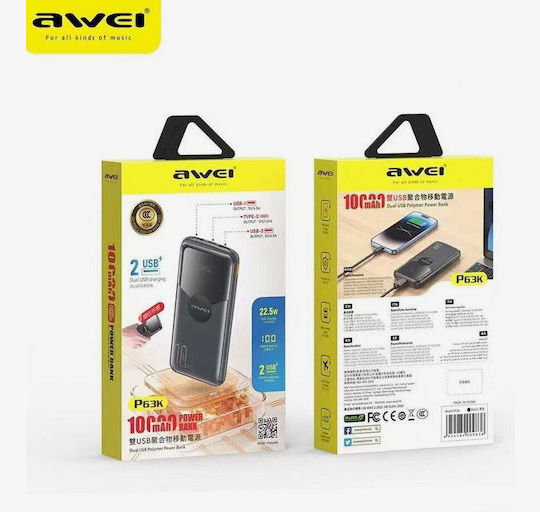 Awei P63K Power Bank 10000mAh 22.5W with 2 USB-A Ports and USB-C Port Black