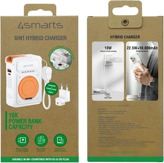 4Smarts Hybrid Charger 6-in-1 Power Bank 10000mAh 22.5W With USB-A Output Port And USB-C Output Port Quick Charge White