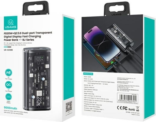 Usams US-CD189 Power Bank 9000mAh 20W με Θύρα USB-A και Θύρα USB-C Power Delivery / Quick Charge 3.0 Μαύρο