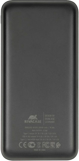 Rivacase VA2102 Външна Батерия 20000mAh 22.5W с 2 USB-A Изходни Порта и USB-C Изходен Порт Power Delivery / Бързо Зареждане Черна