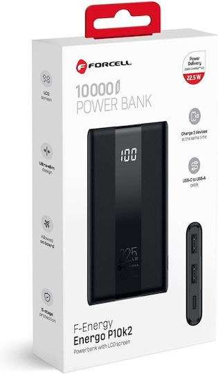 Forcell F-Energy P10k1 Power Bank 10000mAh 22.5W with 2 USB-A Ports and USB-C Port Power Delivery / Quick Charge 3.0 Black