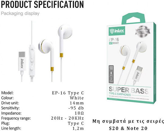 Inkax EP-16 Earbuds Freihändig Kopfhörer mit Stecker USB-C Schwarz