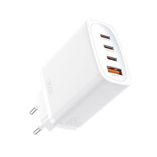 XO Φορτιστής Χωρίς Καλώδιο με Θύρα USB-A και 3 Θύρες USB-C 65W Power Delivery Λευκός (CE23)