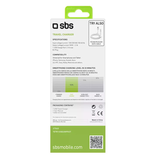SBS Ladegerät ohne Kabel mit USB-A Anschluss 10W Weißs (TETR1USB2AWFAST)