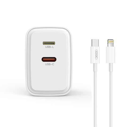 XO Ladegerät mit 2 USB-C Anschlüsse und Kabel USB-C - Lightning 20W Stromlieferung Weißs (L145)