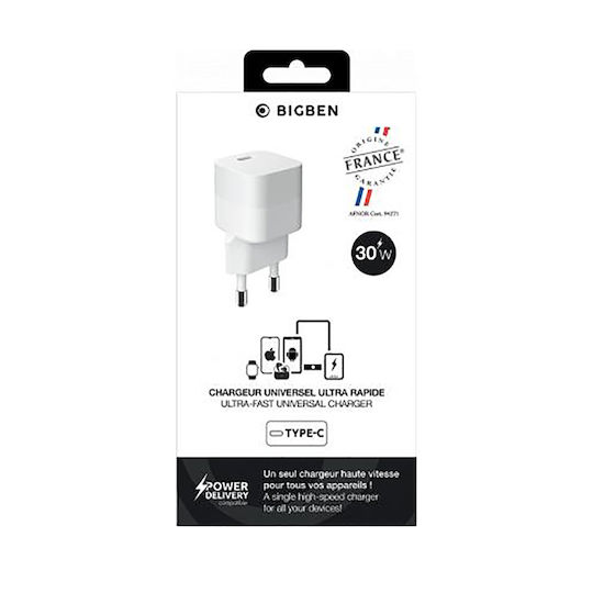 BigBen Connected GaN Wireless Charger with USB-C Port 30W Power Delivery White