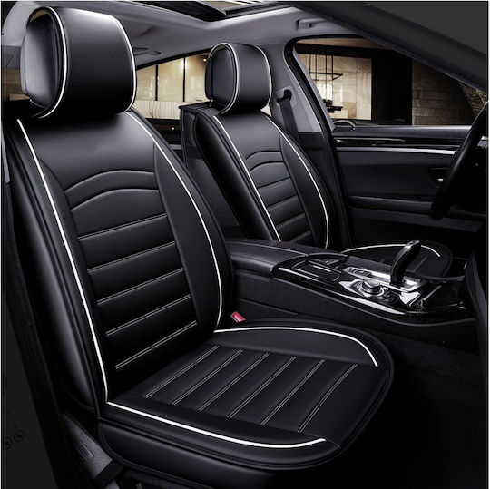 Car Seat Cover Set Front Back Faux Leather Black White Stripe