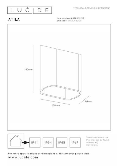 Lucide Lightning Atila Lumină de exterior montată pe perete LED IP65 cu Alb Cald Lumină