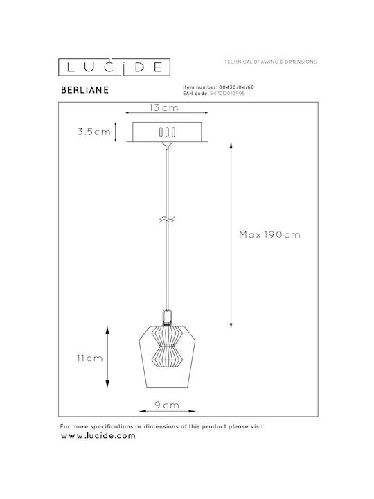 Lucide Lightning Berliane Pendant Light Gold 12x12cm