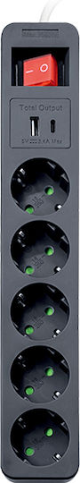 Sonora Power Strip with Surge Protection 5 Positions with 2 USB-A, USB-C, Switch and Cable 1.4m