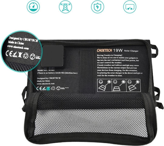 Choetech Panou Solar Pliabil 19W Camping Drumeții Pescuit 2x USB 2.4A Negru PS-19W