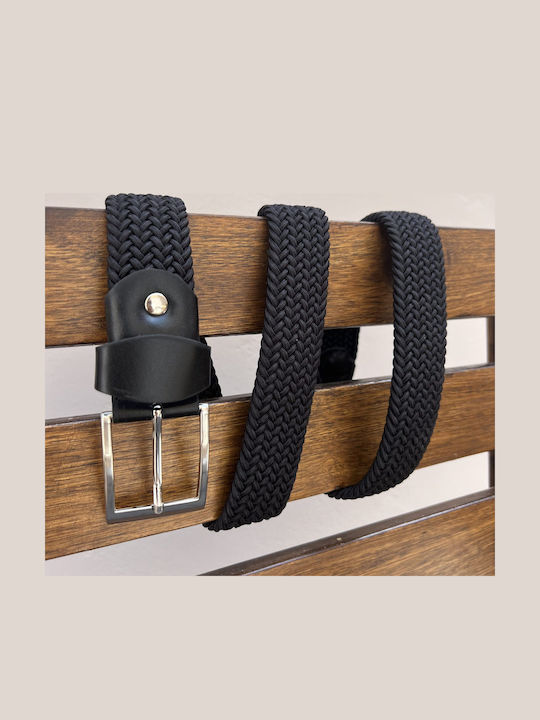 Wide Elastic Men's Belt Leather Knitted Black