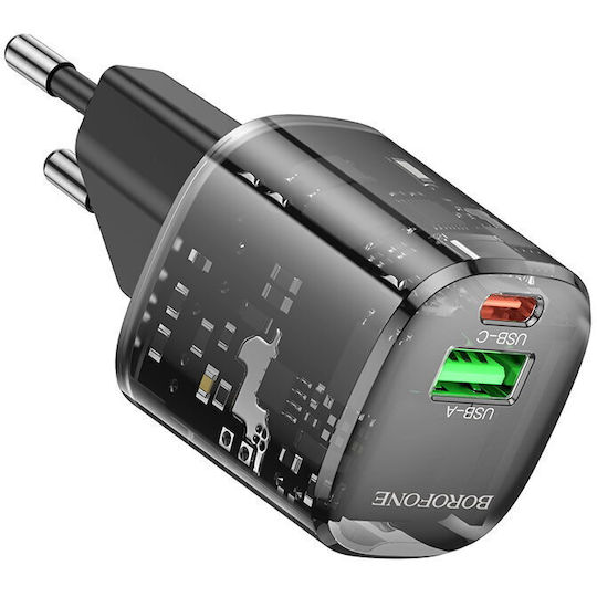 Borofone Charger Without Cable with USB-A Port and USB-C Port 20W Power Delivery / Quick Charge 3.0 Blacks (BN17 Sunlight)