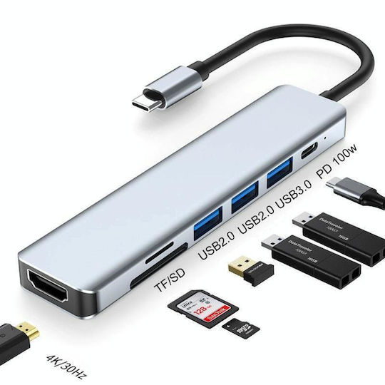 Lamtech 7 In 1 USB-C Stație de andocare cu HDMI 4K PD Gri